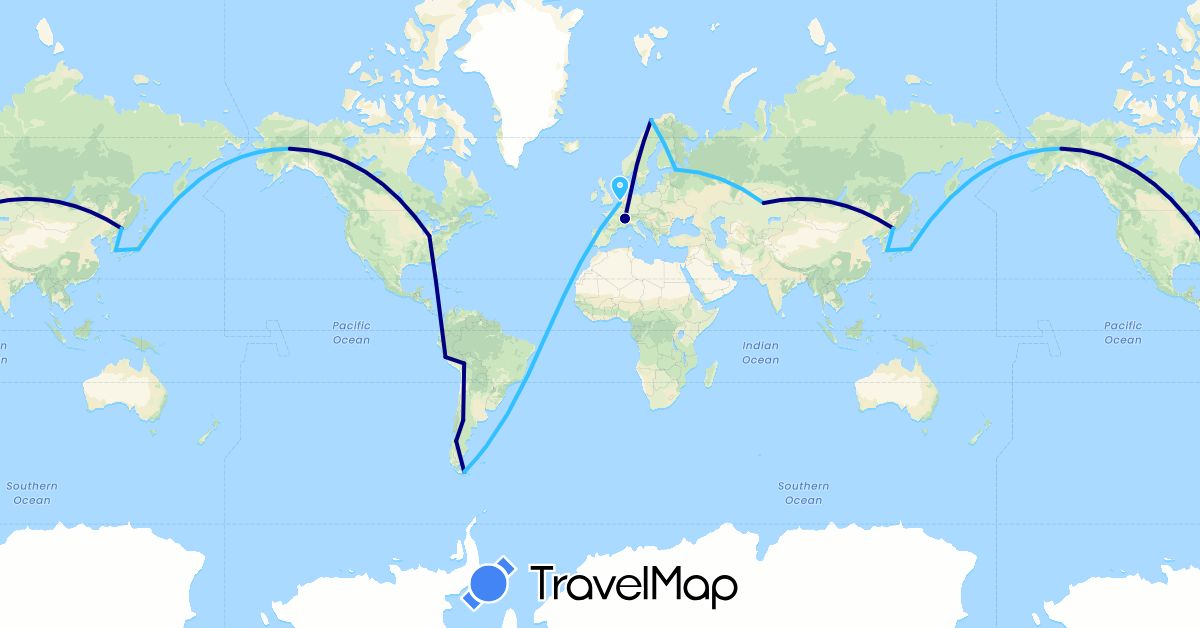 TravelMap itinerary: driving, boat in Argentina, Belgium, Bolivia, Chile, France, Japan, South Korea, Kazakhstan, Norway, Peru, Russia, United States (Asia, Europe, North America, South America)